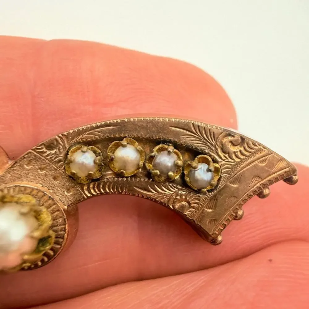 Antique Victorian Rose Gold Filled Seed Pearl Wave Bar Brooch Pin Bow Engraved